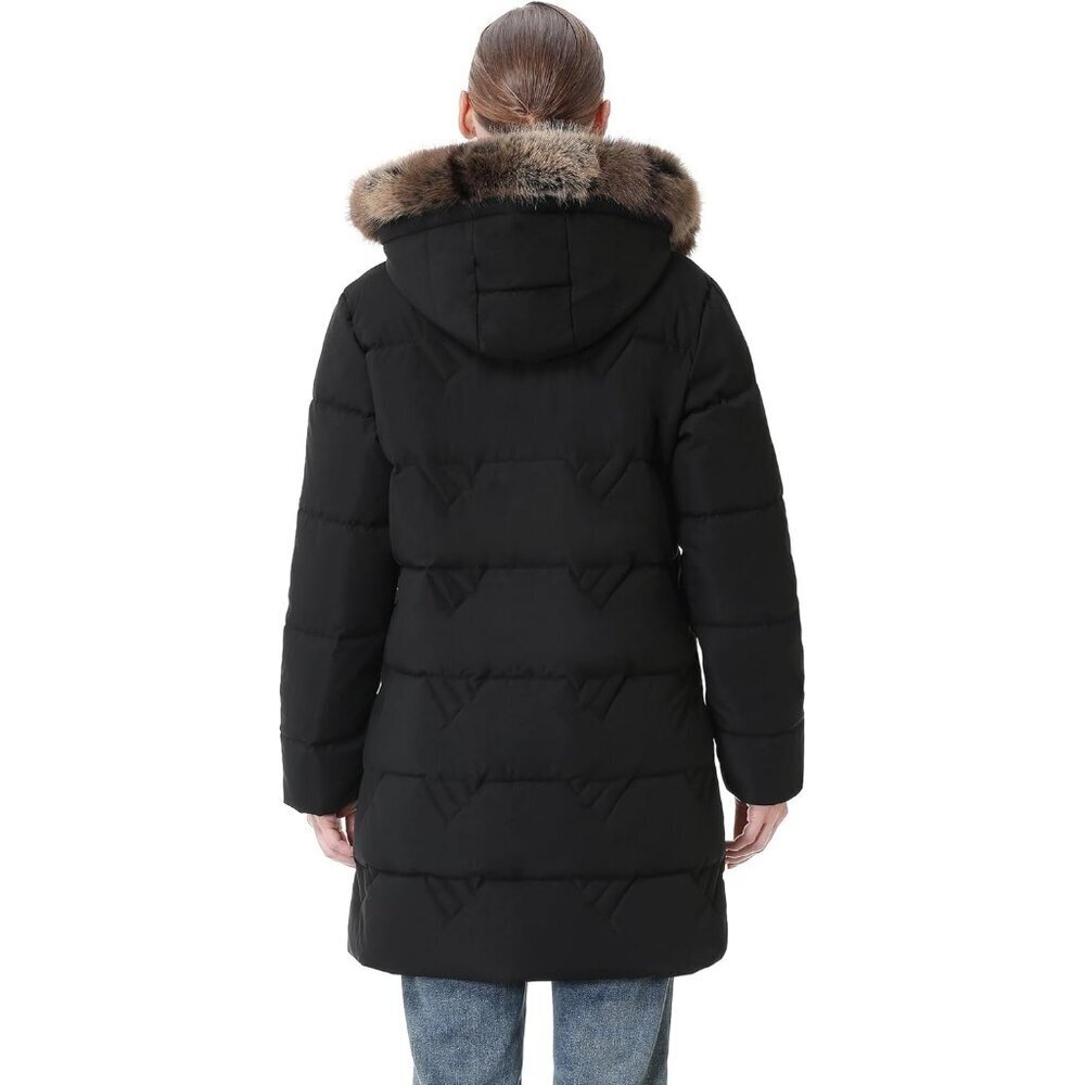 "Women's Black Waterproof Winter Coat, Long Insulated Parka with Detachable Hood - Picture 6 of 7